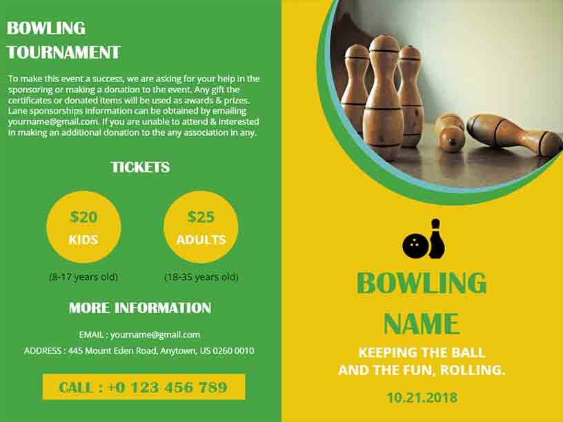 Green and Yellow Bi-fold Bowling Tournament Sports Brochure Template