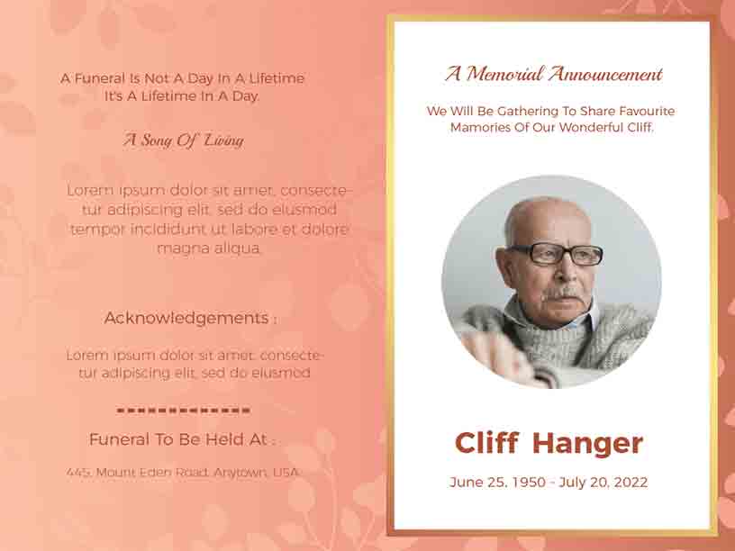A Memorial Announcement Of Hanger Funeral Brochure Template