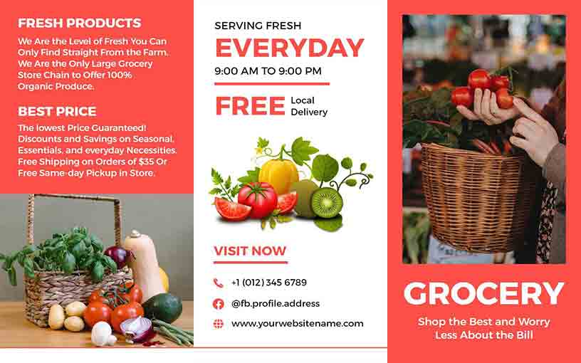 Red Trifold Best Price & Fresh Products Grocery Brochure Template